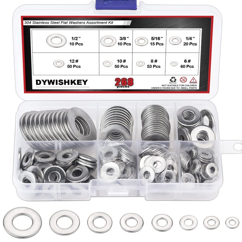 DYWISHKEY 268PCS 8 Sizes Flat Washers Assortment Kit, 1/2 3/8 5/16 1/4 12# 10# 8# 6#, 304 Stainless Steel - Image 1